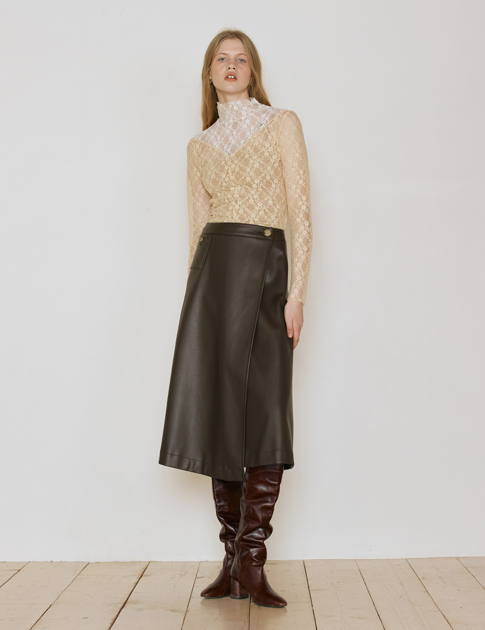 Vegan Leather Wrap Skirt_Brown