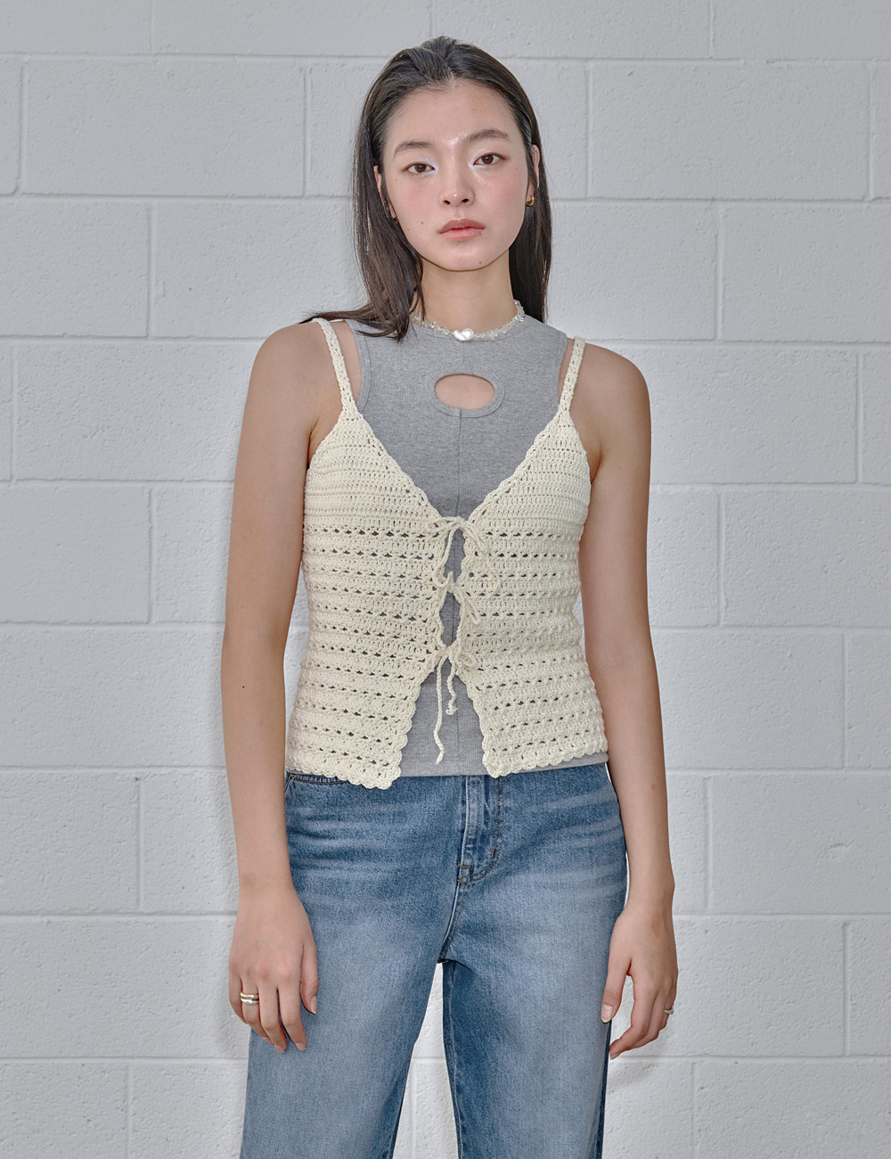Handmade Crochet Tie Knit Vest_Cream