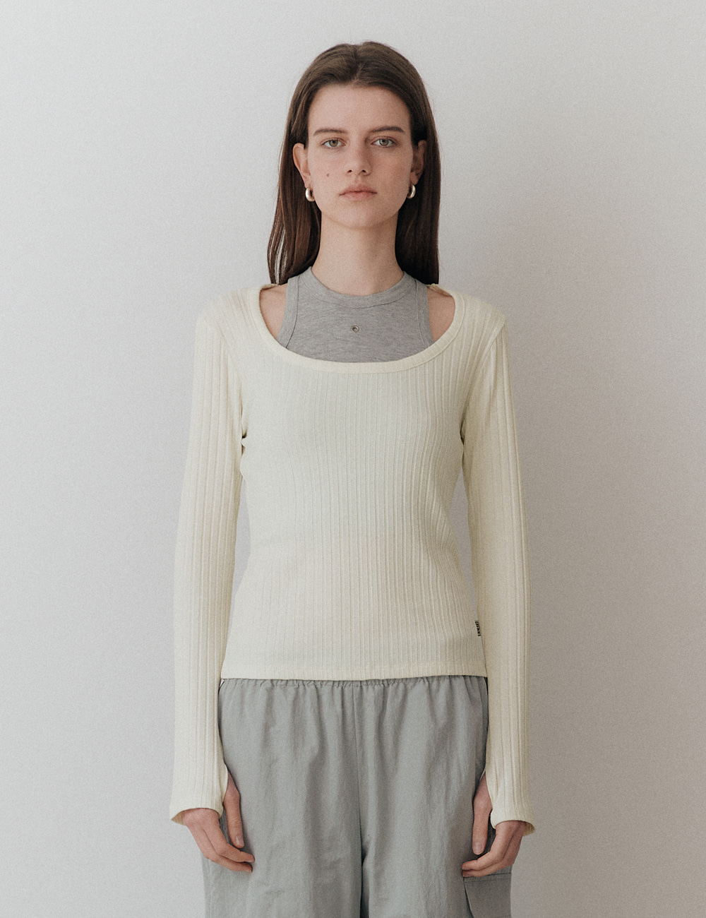 Oval Neck Ribbed Top_Cream