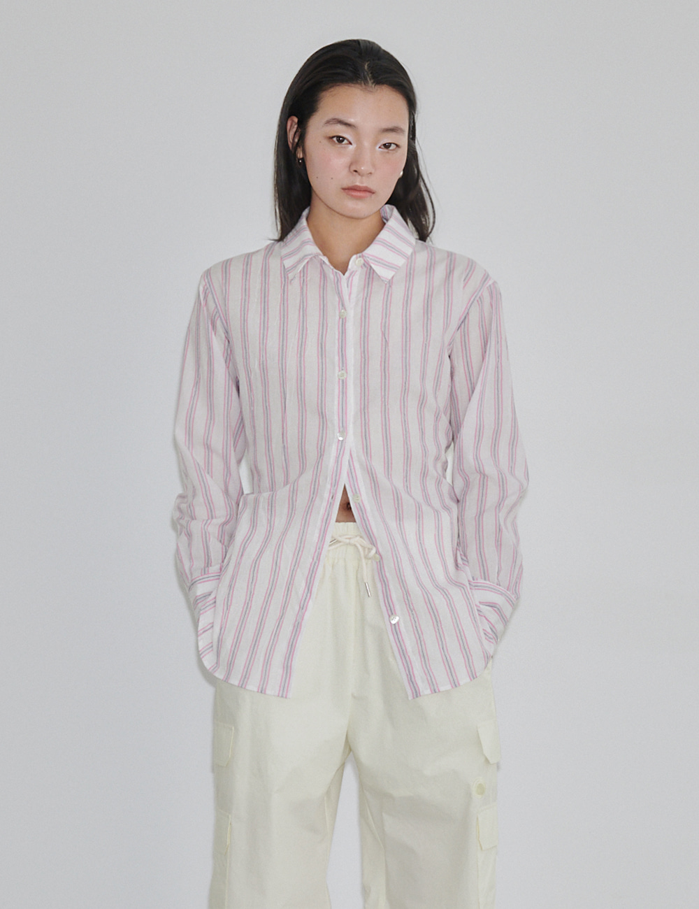 Retro Wrinkled Stripe Shirts_Pink